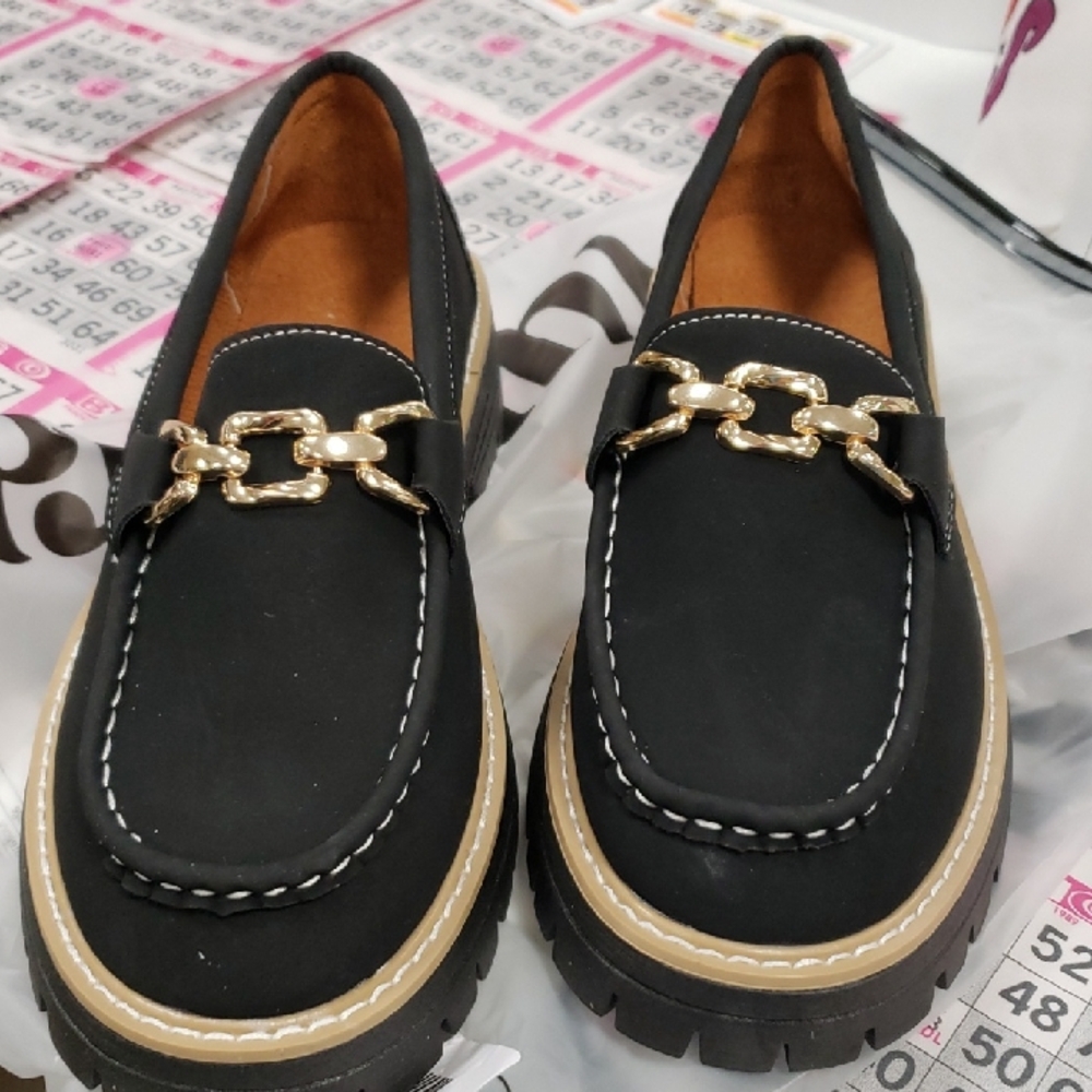 Black Loafers with Gold Chain Detail